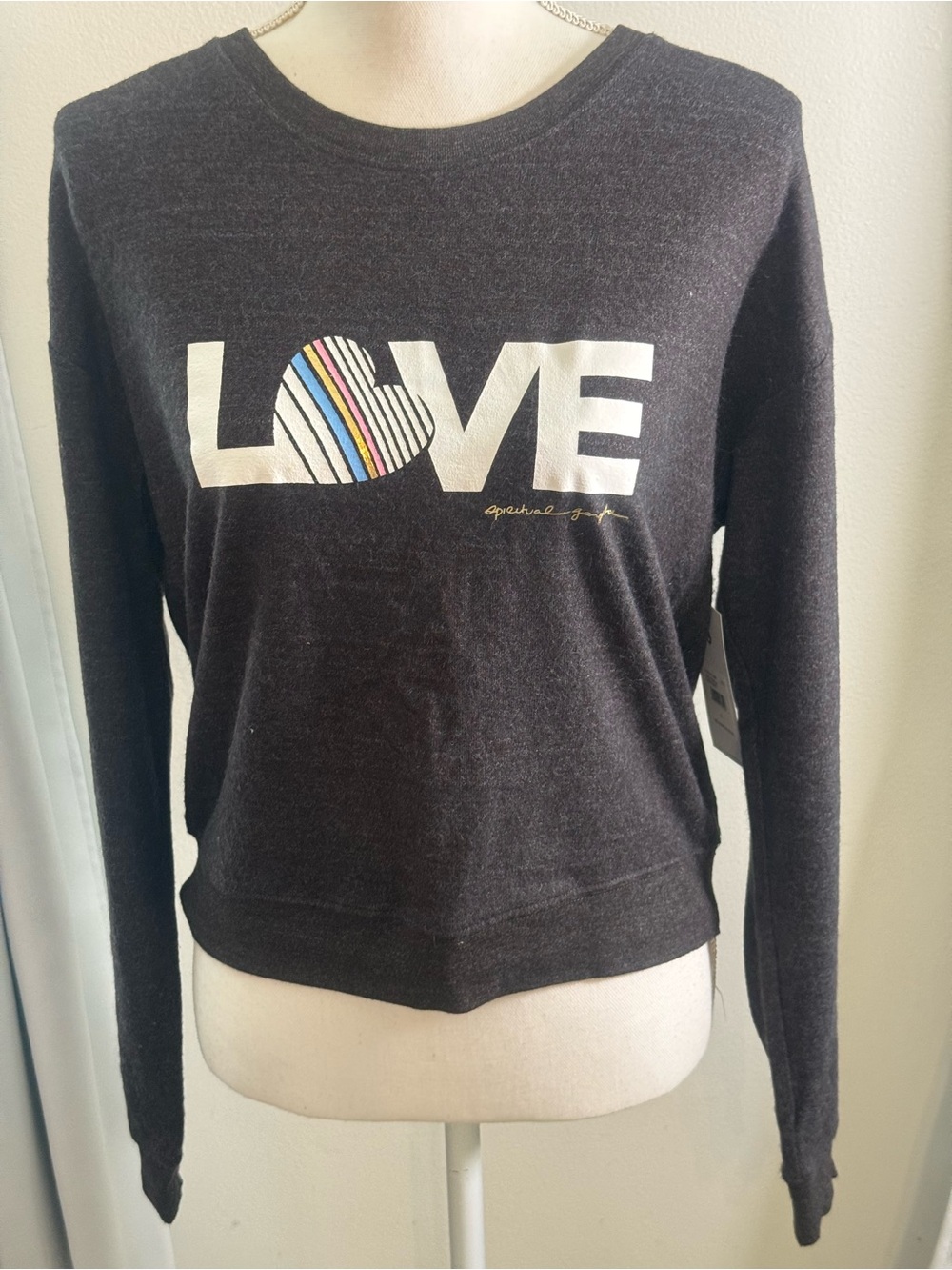 Spiritual Gangster Black LOVE Graphic Long-Sleeve Top with Multicolor Heart